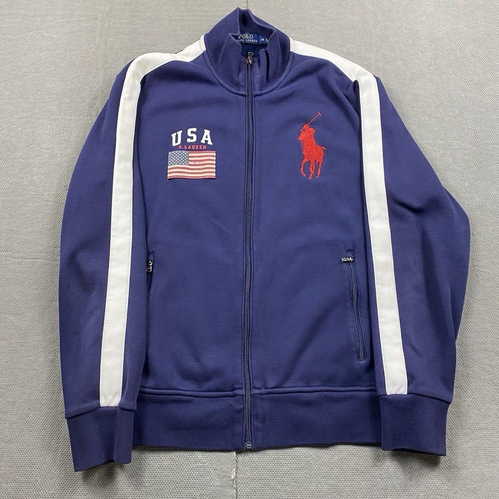 Polo Ralph Lauren Track Jacket Mens Medium Blue USA Flag Top Full Zip Big Pony